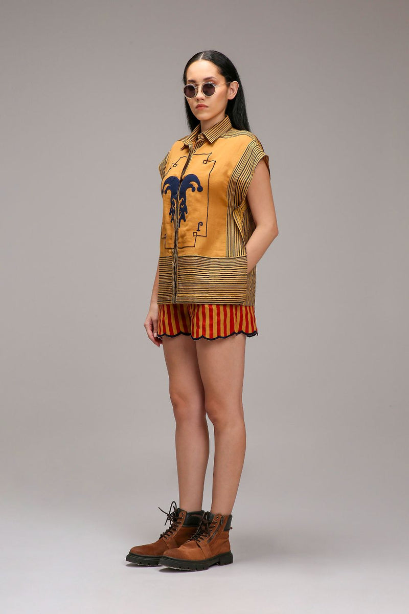 Tan-Brown Blue Striped Blue Joker Shirt cotton by Mati in brown color for women in Singapore