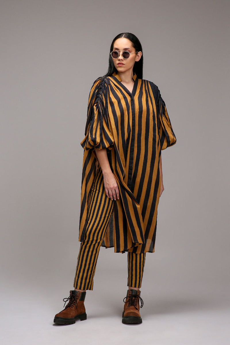 Tan-Brown Blue Striped SE Pant cotton by Mati in brown color for women in Singapore