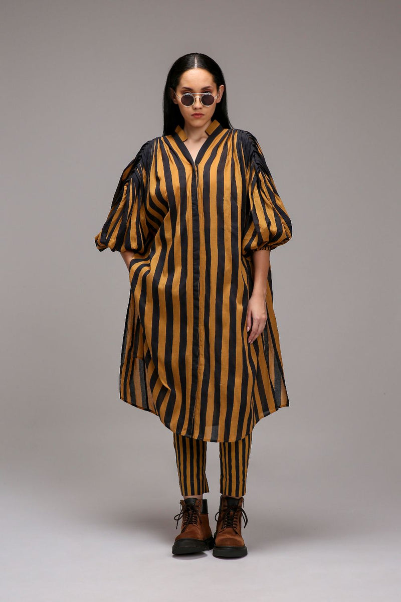 Tan-Brown Blue Striped SE Pant cotton by Mati in brown color for women in Singapore