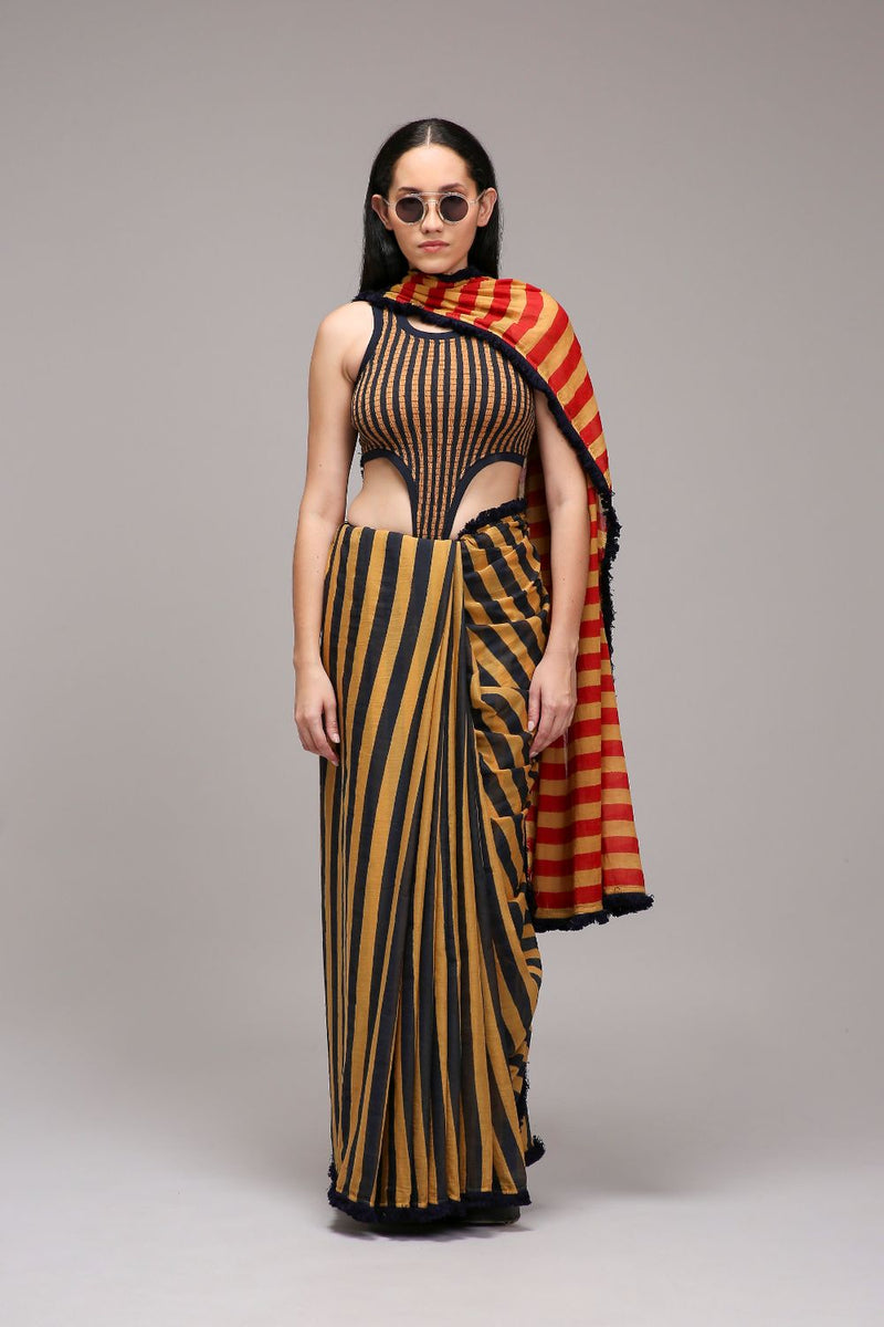Tan-Brown Bodysuit & Dual Striped Saree Set (2 PCS) cotton by Mati in brown color for women in Singapore