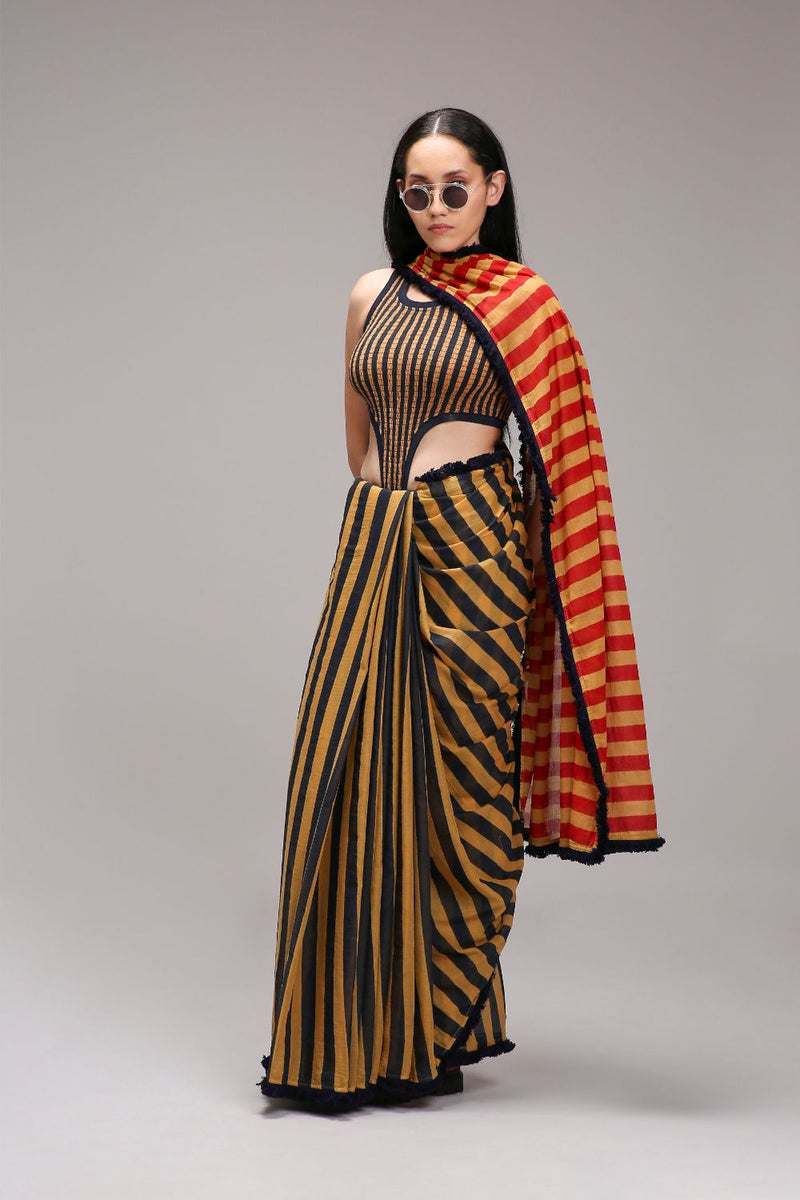 Tan-Brown Bodysuit & Dual Striped Saree Set (2 PCS) cotton by Mati in brown color for women in Singapore