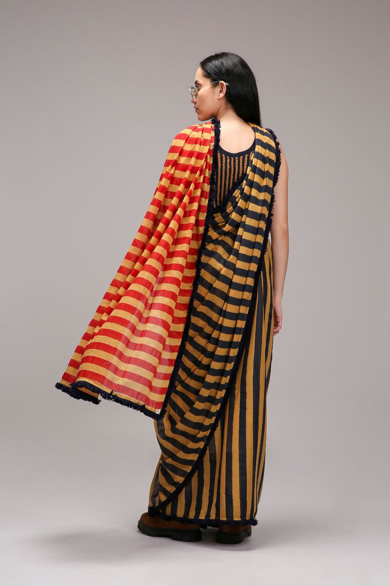 Tan-Brown Bodysuit & Dual Striped Saree Set (2 PCS) cotton by Mati in brown color for women in Singapore