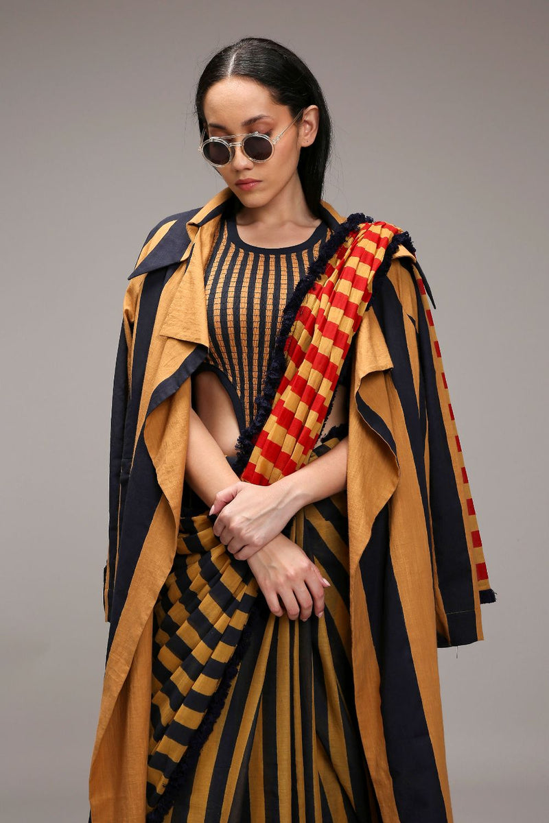 Tan-Brown Bodysuit with Trench & Dual Striped Saree Set (3 PCS) cotton by Mati in brown color for women in Singapore
