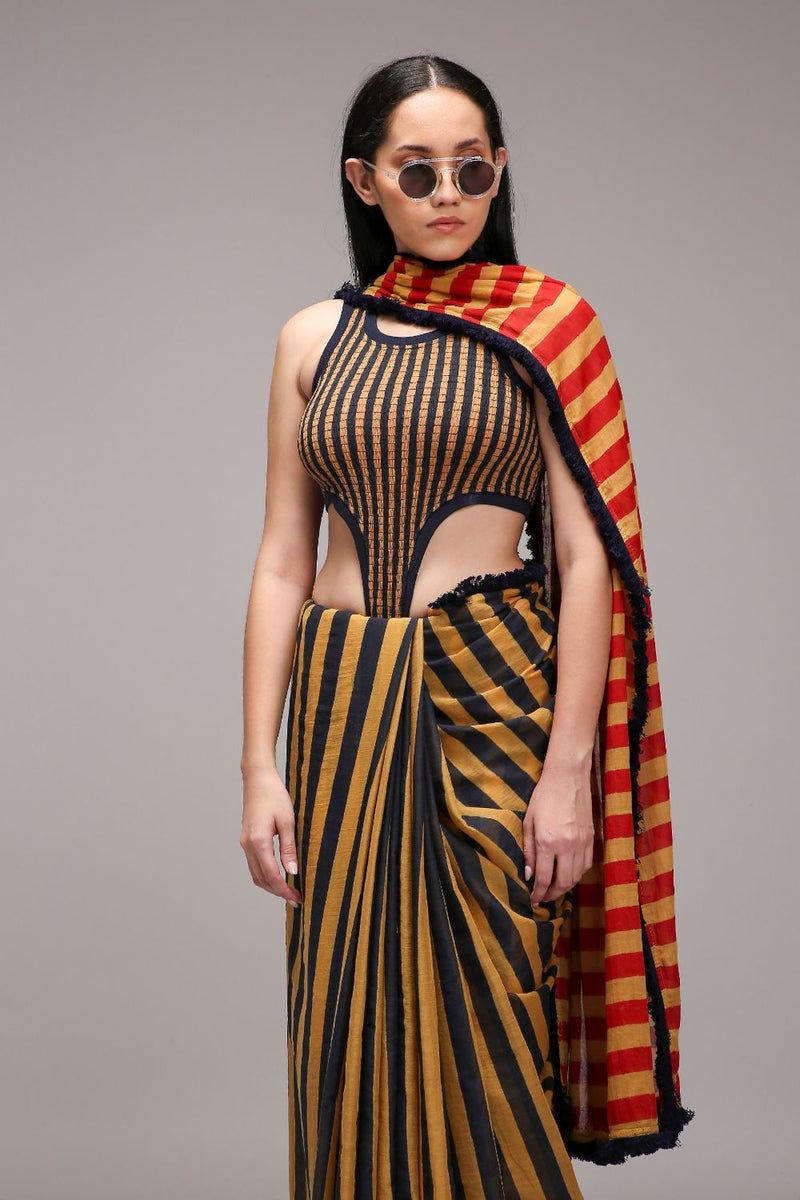 Tan-Brown Bodysuit with Trench & Dual Striped Saree Set (3 PCS) cotton by Mati in brown color for women in Singapore
