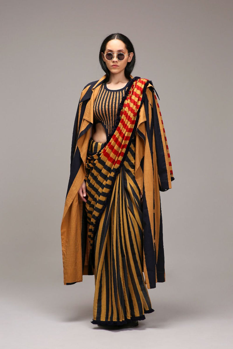 Tan-Brown Bodysuit with Trench & Dual Striped Saree Set (3 PCS) cotton by Mati in brown color for women in Singapore