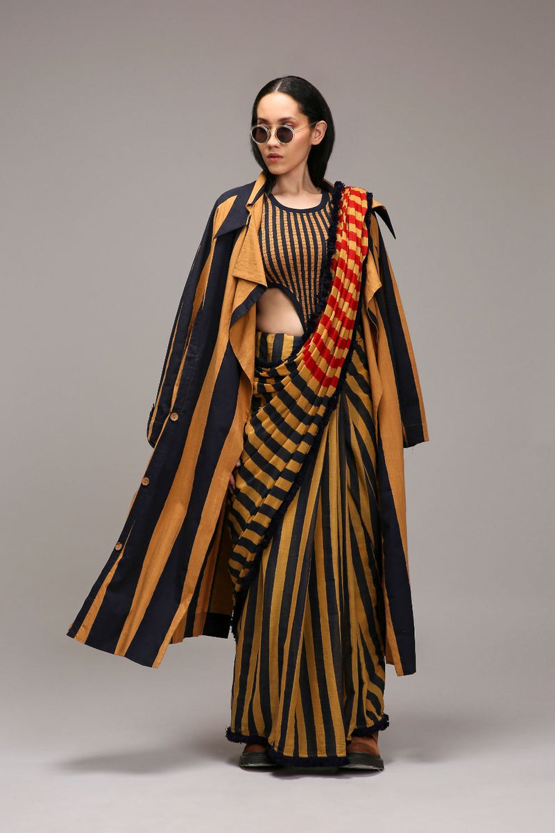 Tan-Brown Bodysuit with Trench & Dual Striped Saree Set (3 PCS) cotton by Mati in brown color for women in Singapore
