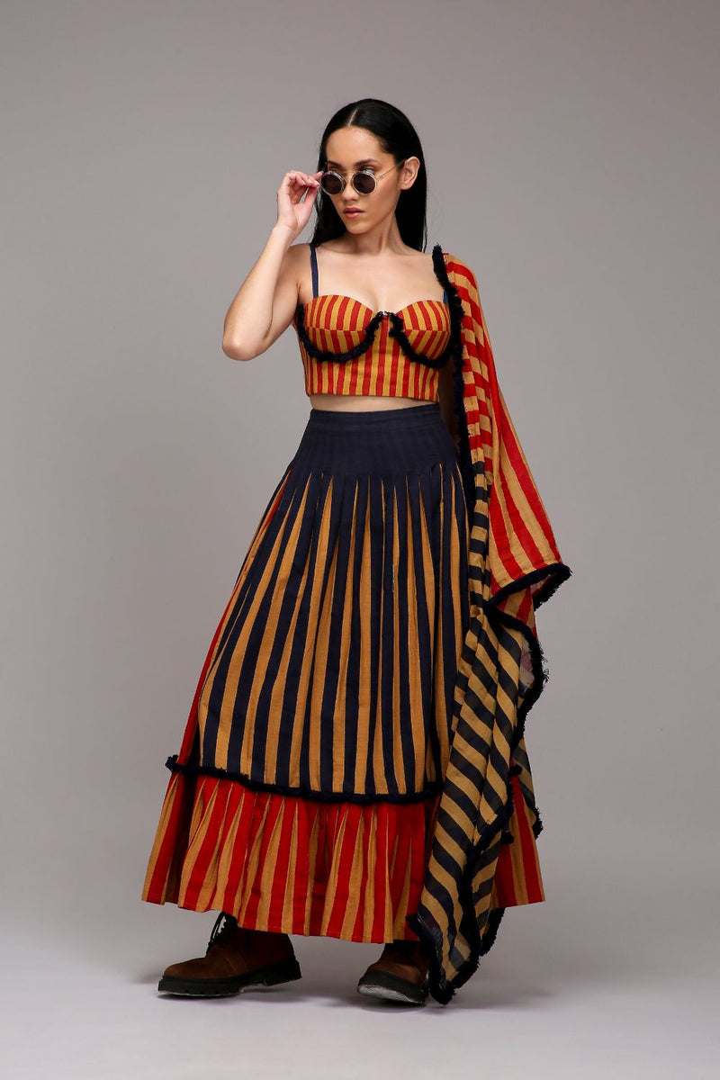 Tan-Brown Corset Dual Striped Stole Skirt Set (3 PCS) cotton by Mati in brown color for women in Singapore