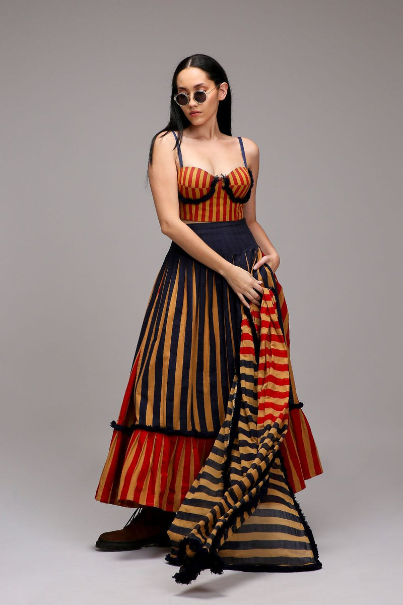 Tan-Brown Corset Dual Striped Stole Skirt Set (3 PCS) cotton by Mati in brown color for women in Singapore