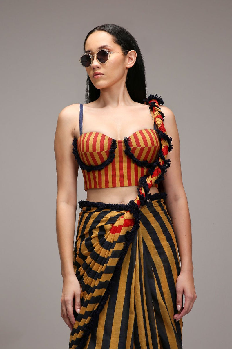 Tan-Brown Corset & Dual Striped Saree Set (2 PCS) cotton by Mati in brown color for women in Singapore