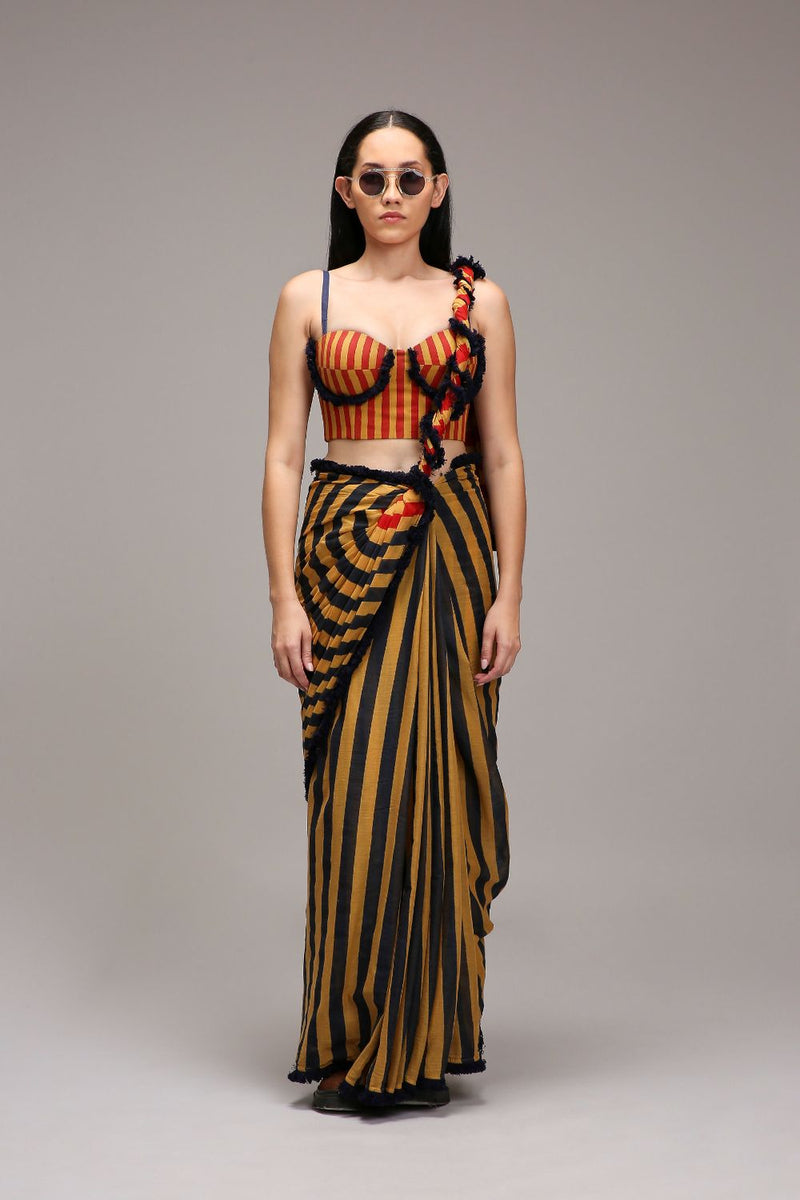 Tan-Brown Corset & Dual Striped Saree Set (2 PCS) cotton by Mati in brown color for women in Singapore