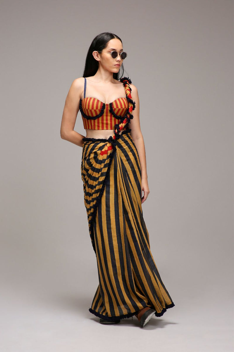Tan-Brown Corset & Dual Striped Saree Set (2 PCS) cotton by Mati in brown color for women in Singapore