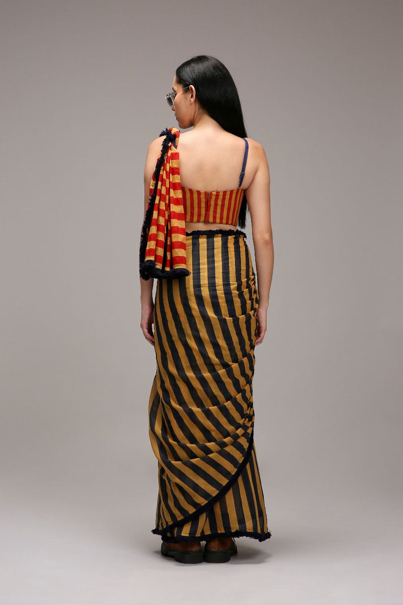 Tan-Brown Corset & Dual Striped Saree Set (2 PCS) cotton by Mati in brown color for women in Singapore