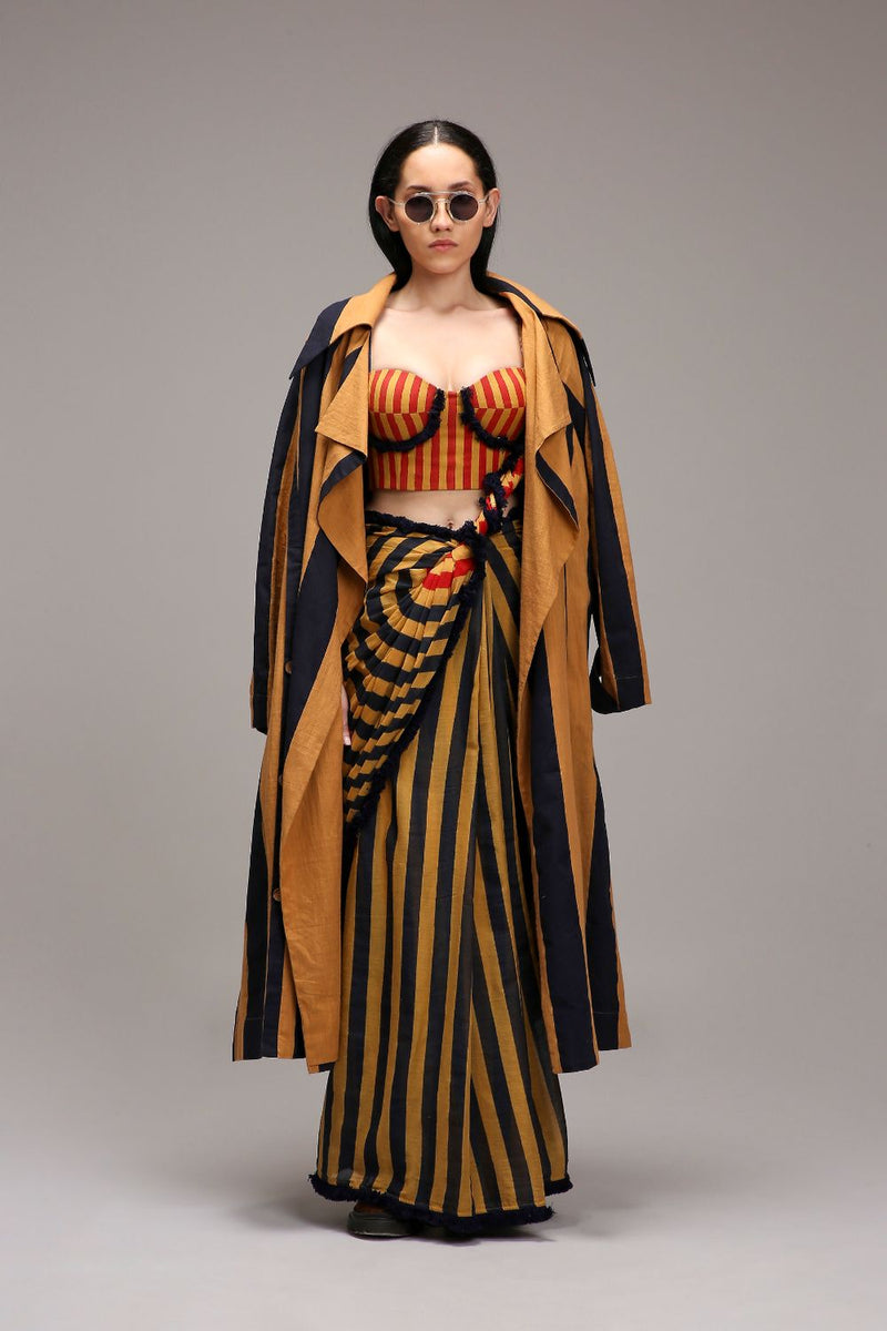 Tan-Brown Corset with Trench Jacket & Dual Striped Saree Set (3 PCS) cotton by Mati in brown color for women in Singapore