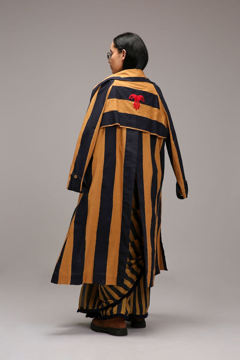 Tan-Brown Corset with Trench Jacket & Dual Striped Saree Set (3 PCS) cotton by Mati in brown color for women in Singapore