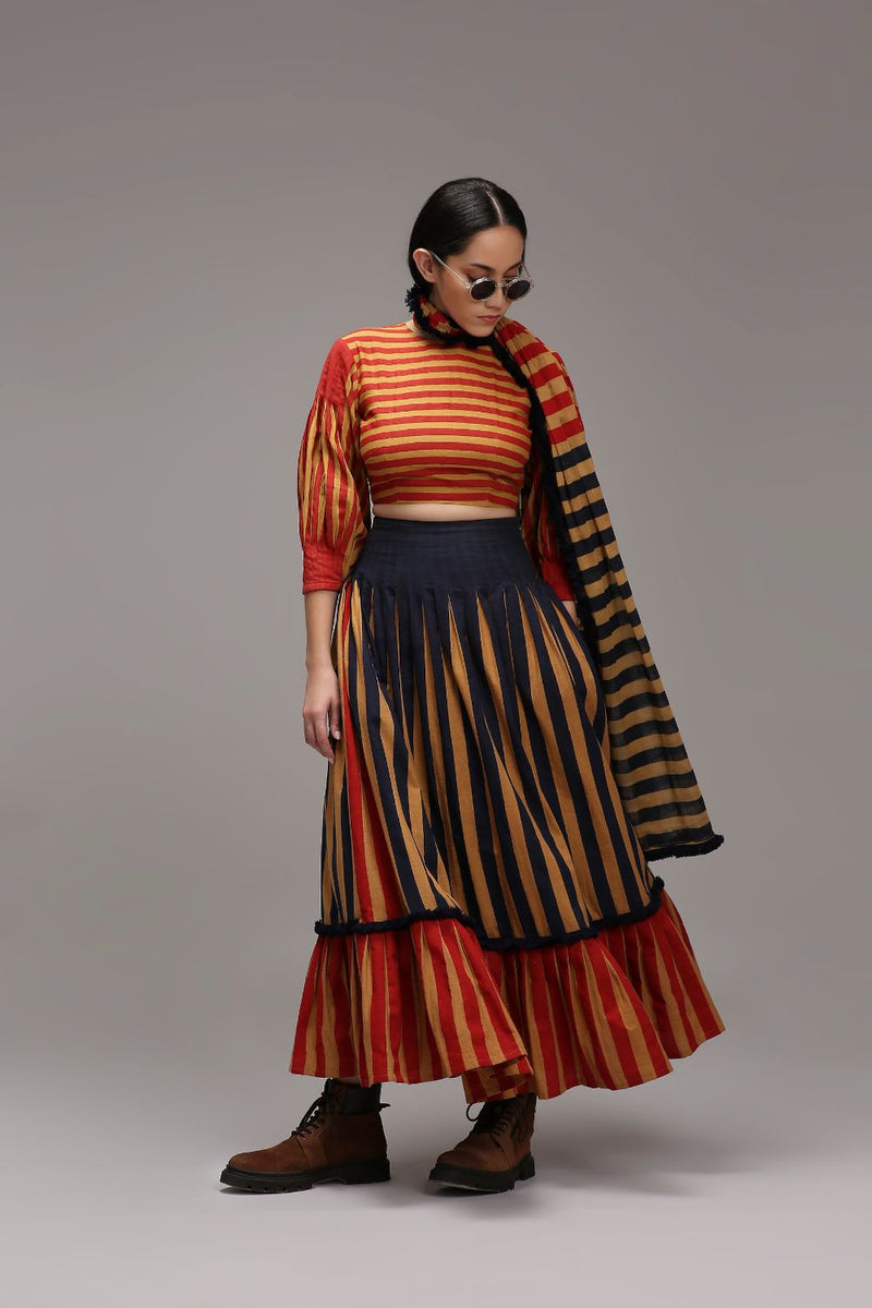 Tan-Brown Crop Top Dual Striped Stole Skirt Set (3 PCS) cotton by Mati in brown color for women in Singapore