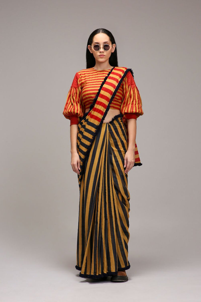 Tan-Brown Crop Top & Dual Striped Saree Set (2 PCS) cotton by Mati in brown color for women in Singapore