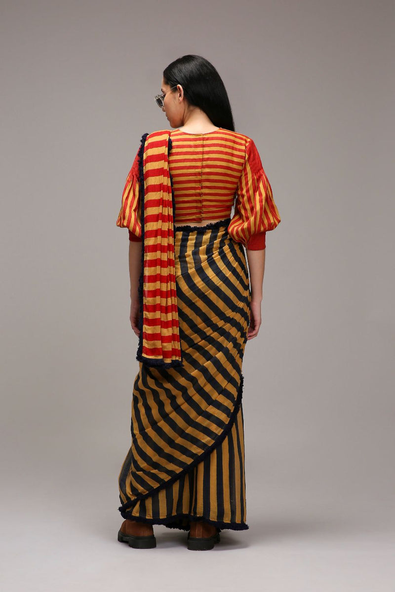 Tan-Brown Crop Top & Dual Striped Saree Set (2 PCS) cotton by Mati in brown color for women in Singapore