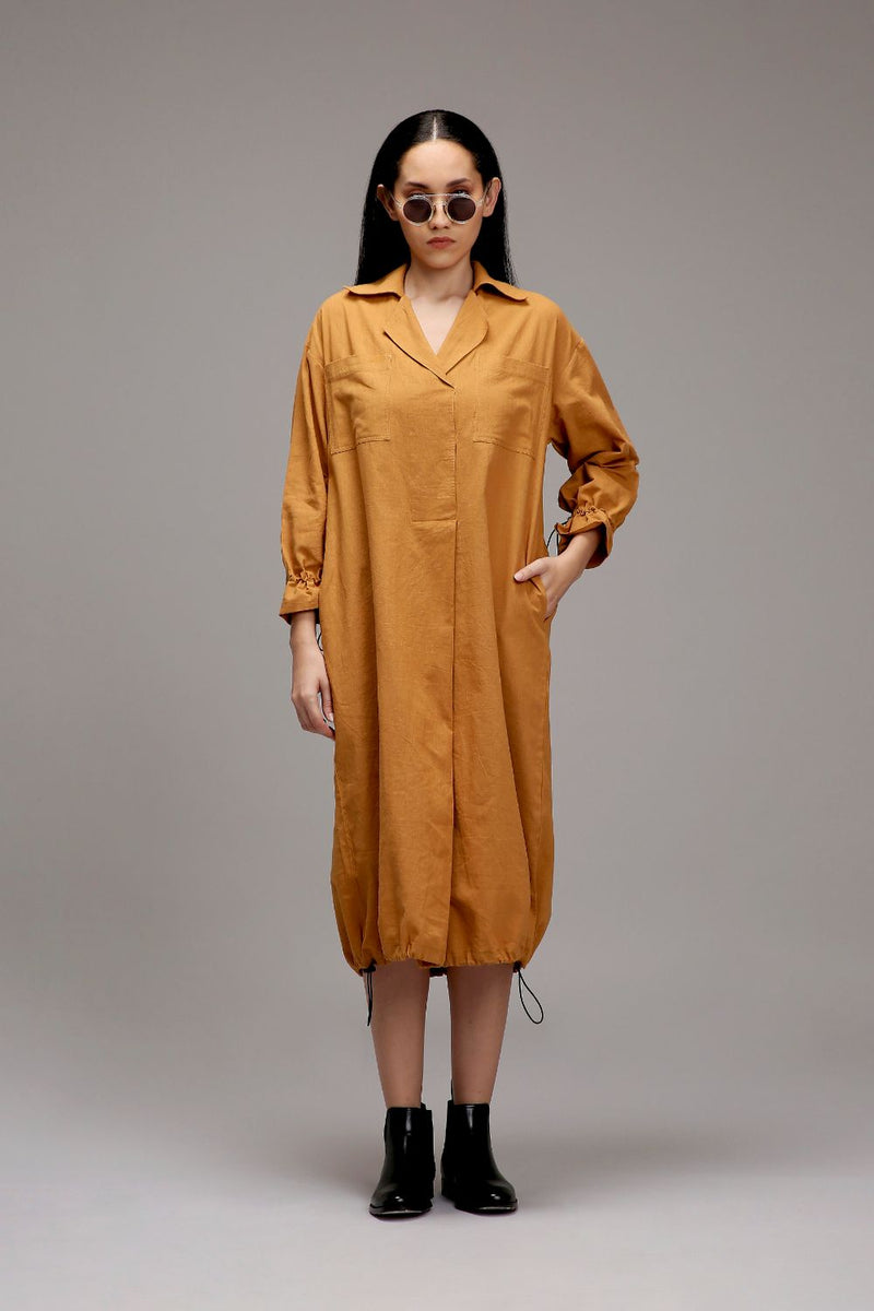 Tan-Brown Elasticated Shirt Dress cotton by Mati in brown color for women in Singapore