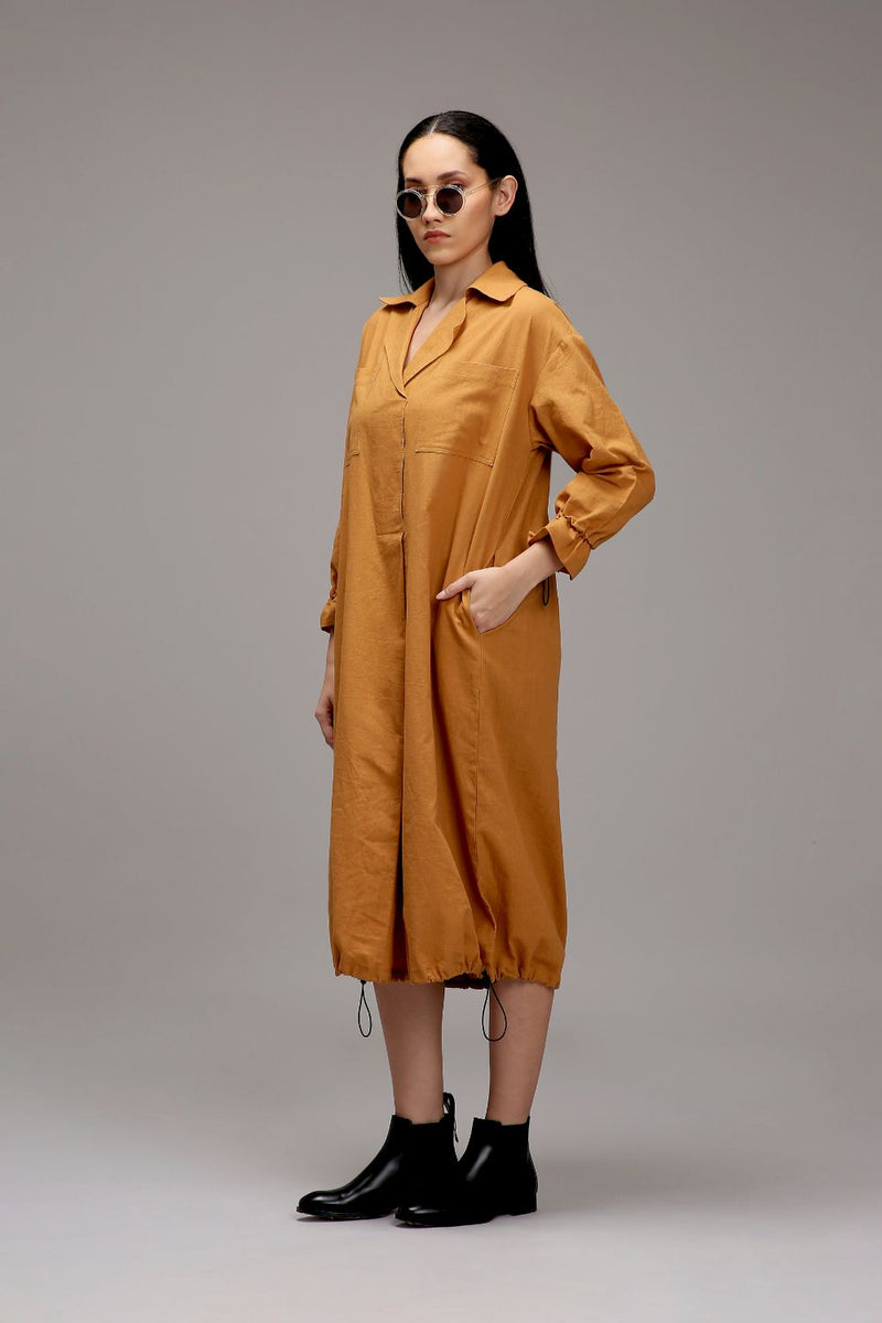 Tan-Brown Elasticated Shirt Dress cotton by Mati in brown color for women in Singapore