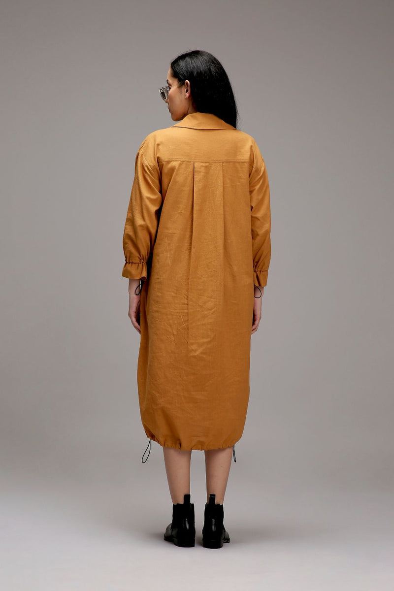 Tan-Brown Elasticated Shirt Dress cotton by Mati in brown color for women in Singapore