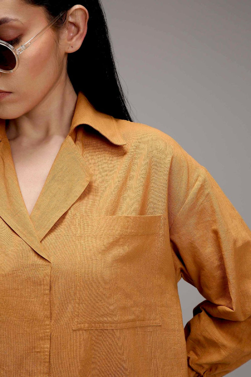 Tan-Brown Elasticated Shirt Dress cotton by Mati in brown color for women in Singapore
