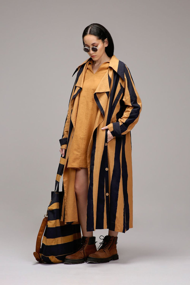 Tan-Brown Jacket & A-Line Shift Dress Set (2 PCS) cotton by Mati in brown color for women in Singapore