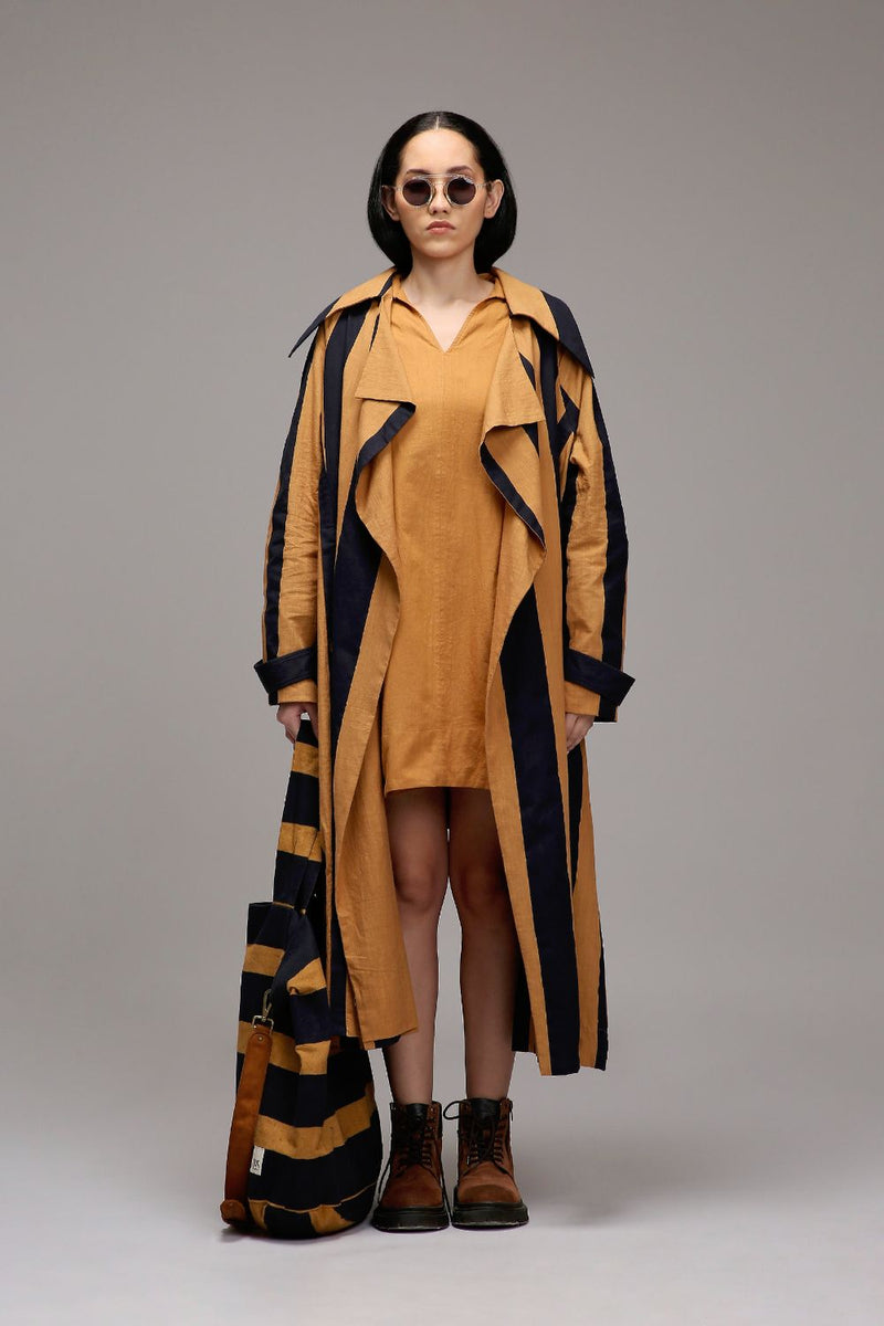 Tan-Brown Jacket & A-Line Shift Dress Set (2 PCS) cotton by Mati in brown color for women in Singapore