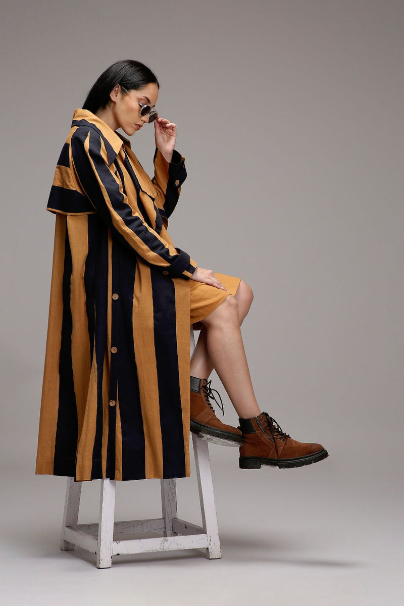 Tan-Brown Jacket & A-Line Shift Dress Set (2 PCS) cotton by Mati in brown color for women in Singapore