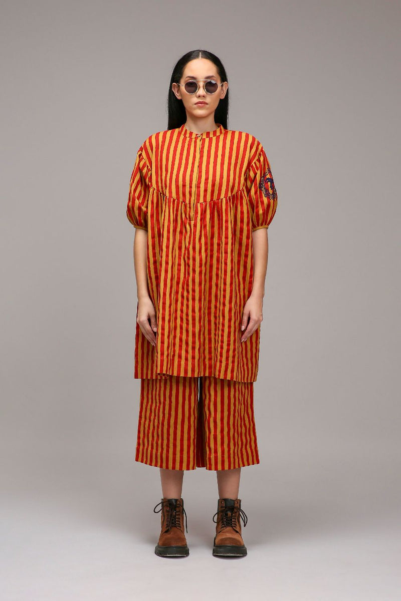 Tan-Brown Red Striped Capre Pants cotton by Mati in brown color for women in Singapore