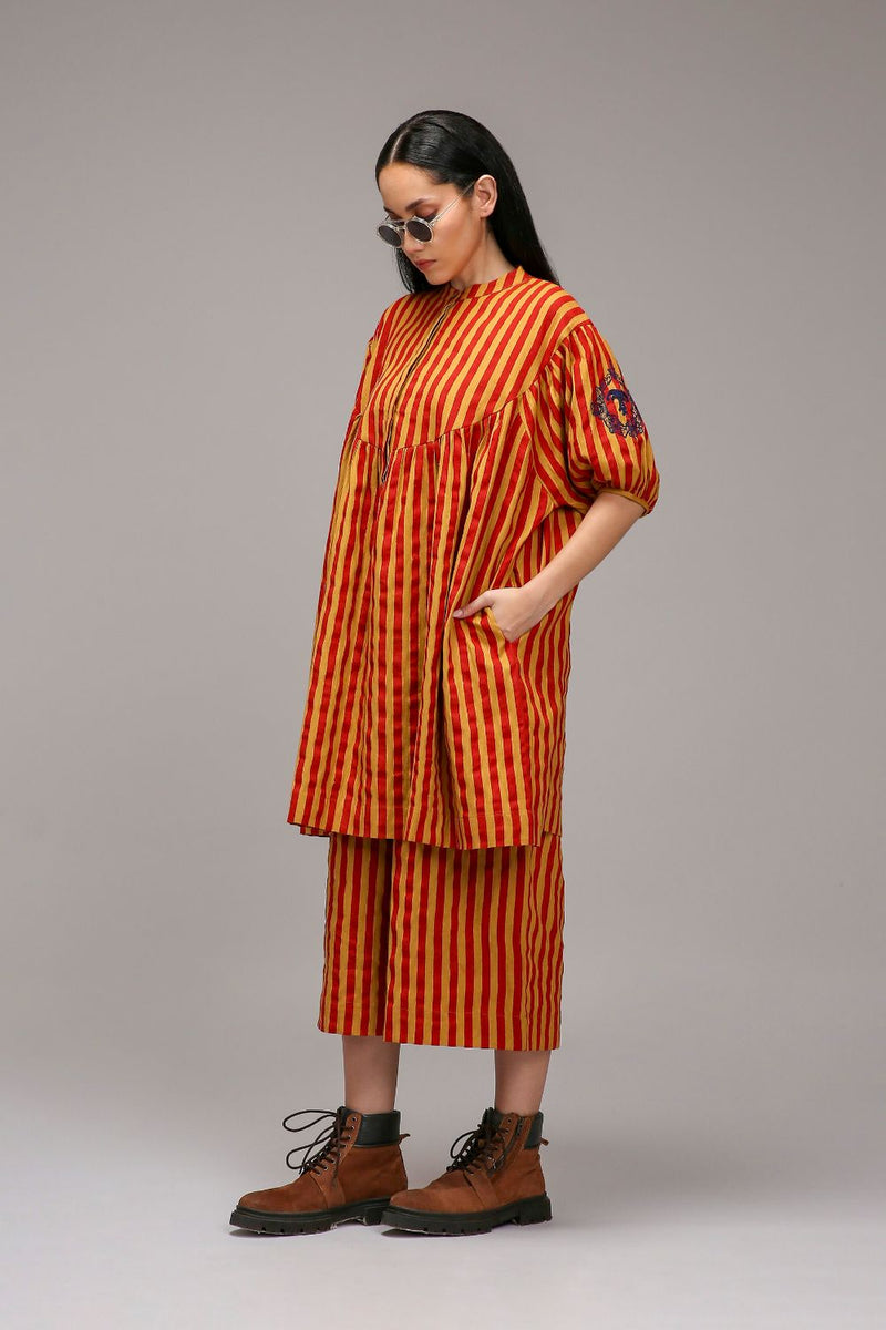 Tan-Brown Red Striped Capre Pants cotton by Mati in brown color for women in Singapore