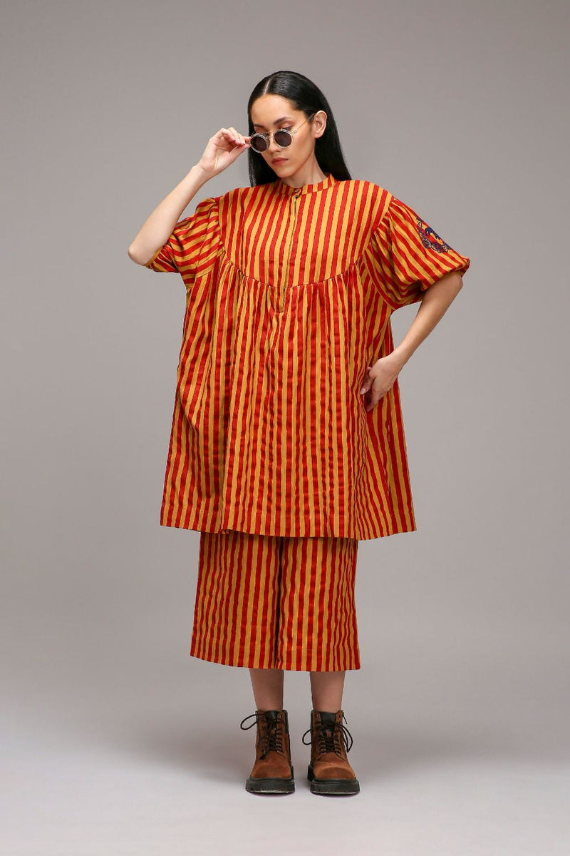 Tan-Brown Red Striped Capre Pants cotton by Mati in brown color for women in Singapore