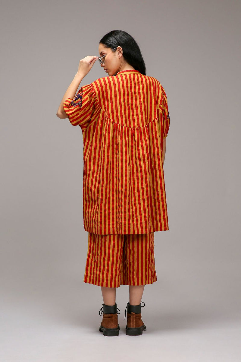 Tan-Brown Red Striped Capre Pants cotton by Mati in brown color for women in Singapore