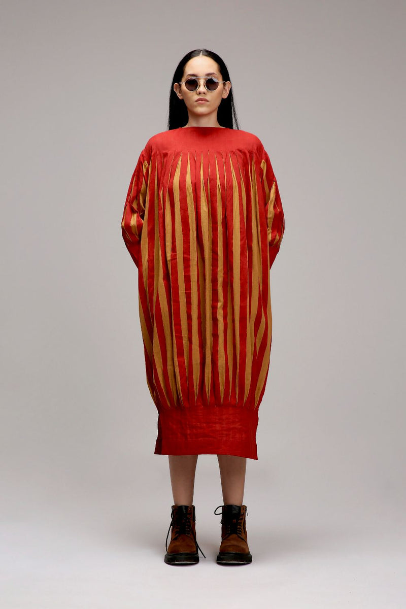 Tan-Brown Red Striped Balloon Dress cotton by Mati in brown color for women in Singapore