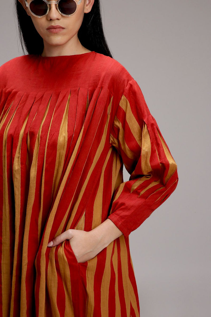 Tan-Brown Red Striped Balloon Dress cotton by Mati in brown color for women in Singapore