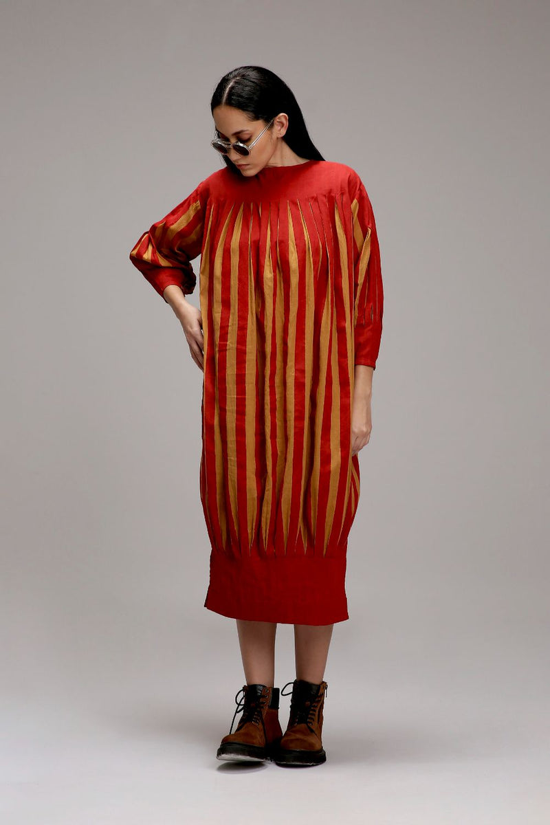 Tan-Brown Red Striped Balloon Dress cotton by Mati in brown color for women in Singapore