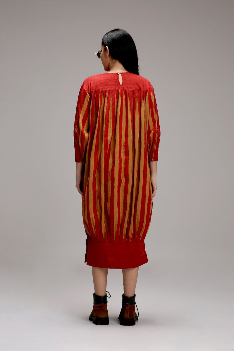 Tan-Brown Red Striped Balloon Dress cotton by Mati in brown color for women in Singapore