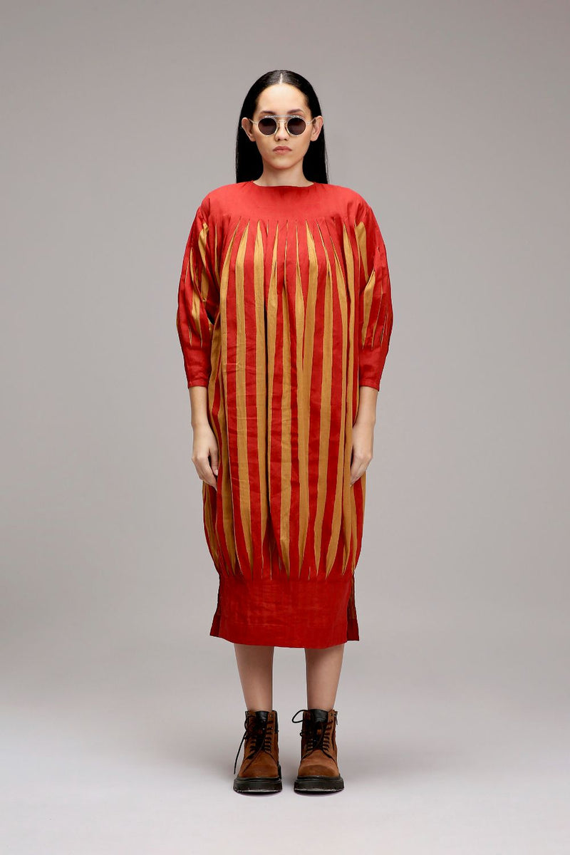 Tan-Brown Red Striped Balloon Dress cotton by Mati in brown color for women in Singapore