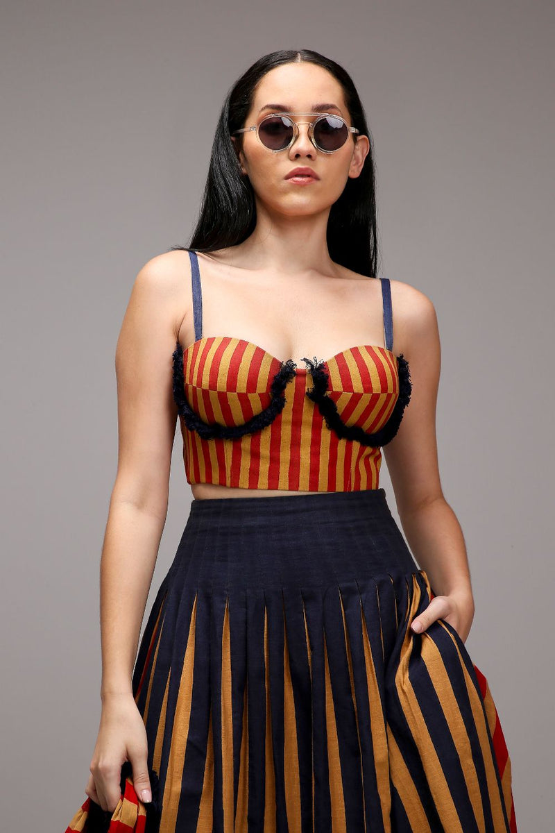 Tan-Brown Red Striped Fringed Corset cotton by Mati in brown color for women in Singapore