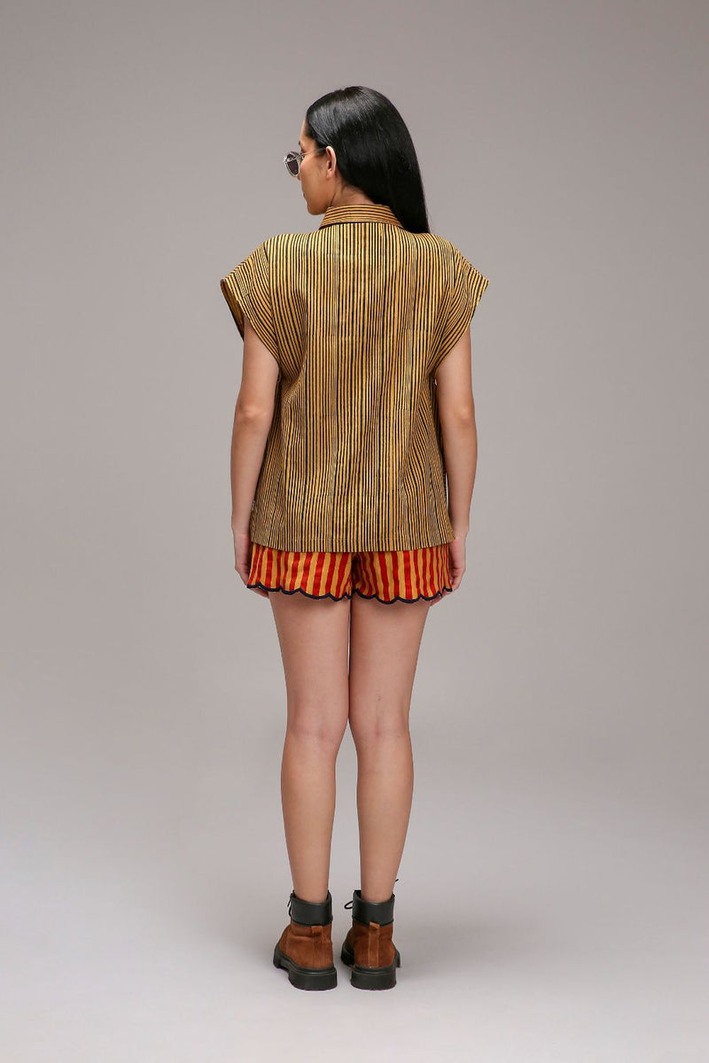 Tan-Brown Red Striped Scallop Shorts cotton by Mati in brown color for women in Singapore