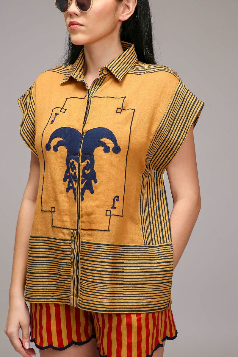 Tan-Brown Red Striped Scallop Shorts cotton by Mati in brown color for women in Singapore