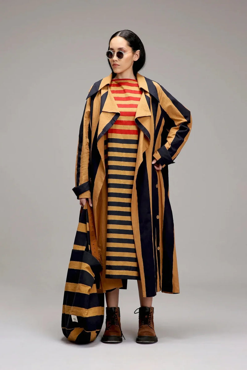 Tan-Brown Red & Blue Dual Stripe Dress Jacket Set (2 PCS) cotton by Mati in brown color for women in Singapore