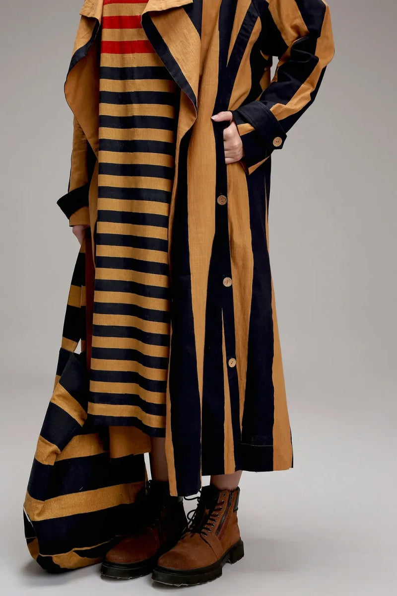 Tan-Brown Red & Blue Dual Stripe Dress Jacket Set (2 PCS) cotton by Mati in brown color for women in Singapore