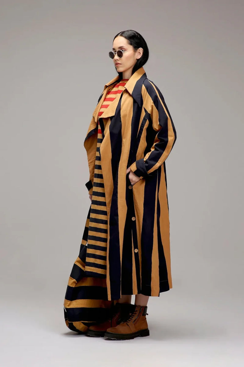 Tan-Brown Red & Blue Dual Stripe Dress Jacket Set (2 PCS) cotton by Mati in brown color for women in Singapore