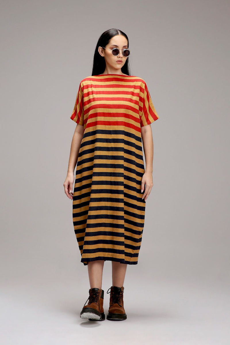 Tan-Brown Red & Blue Dual Striped Dress cotton by Mati in brown color for women in Singapore