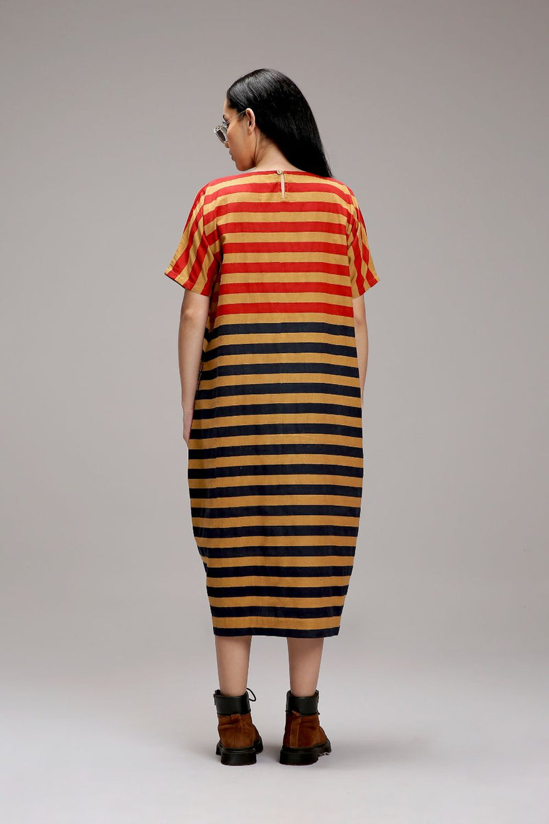 Tan-Brown Red & Blue Dual Striped Dress cotton by Mati in brown color for women in Singapore