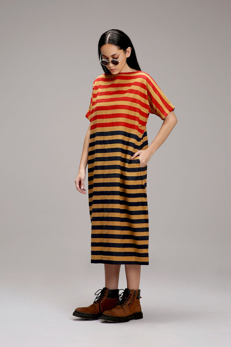 Tan-Brown Red & Blue Dual Striped Dress cotton by Mati in brown color for women in Singapore