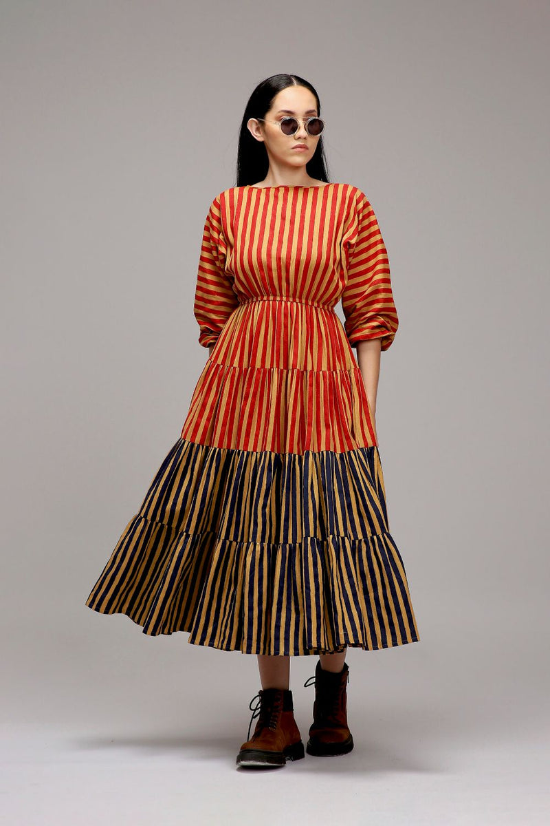 Tan-Brown Red & Blue Striped Tiered Dress cotton by Mati in brown color for women in Singapore