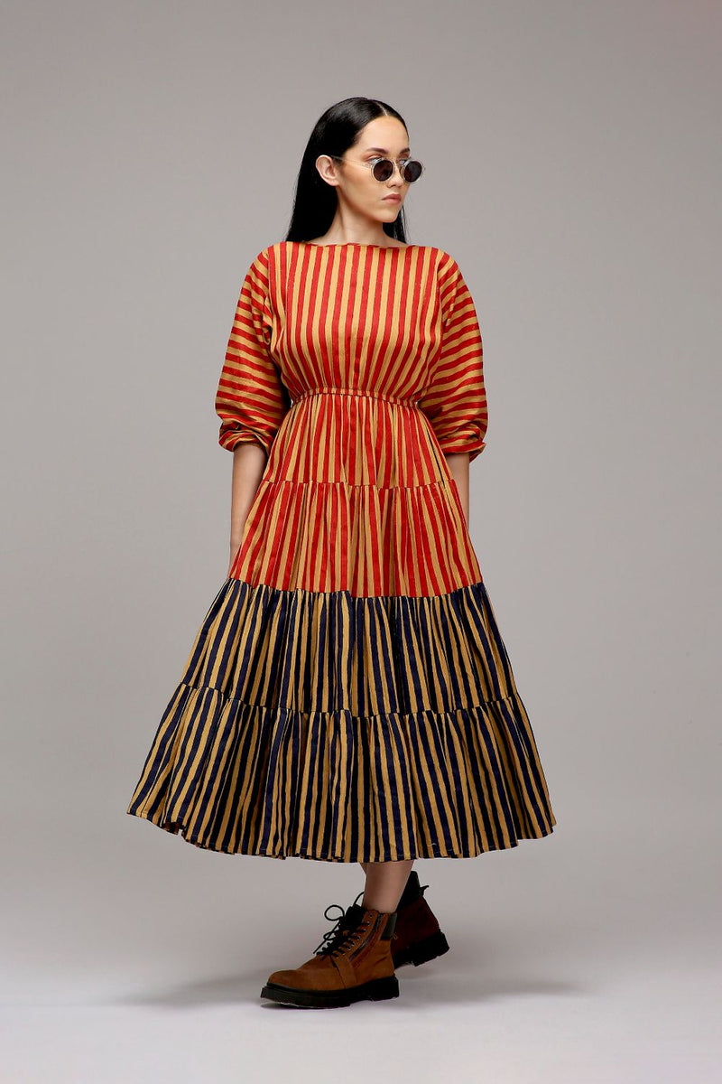 Tan-Brown Red & Blue Striped Tiered Dress cotton by Mati in brown color for women in Singapore