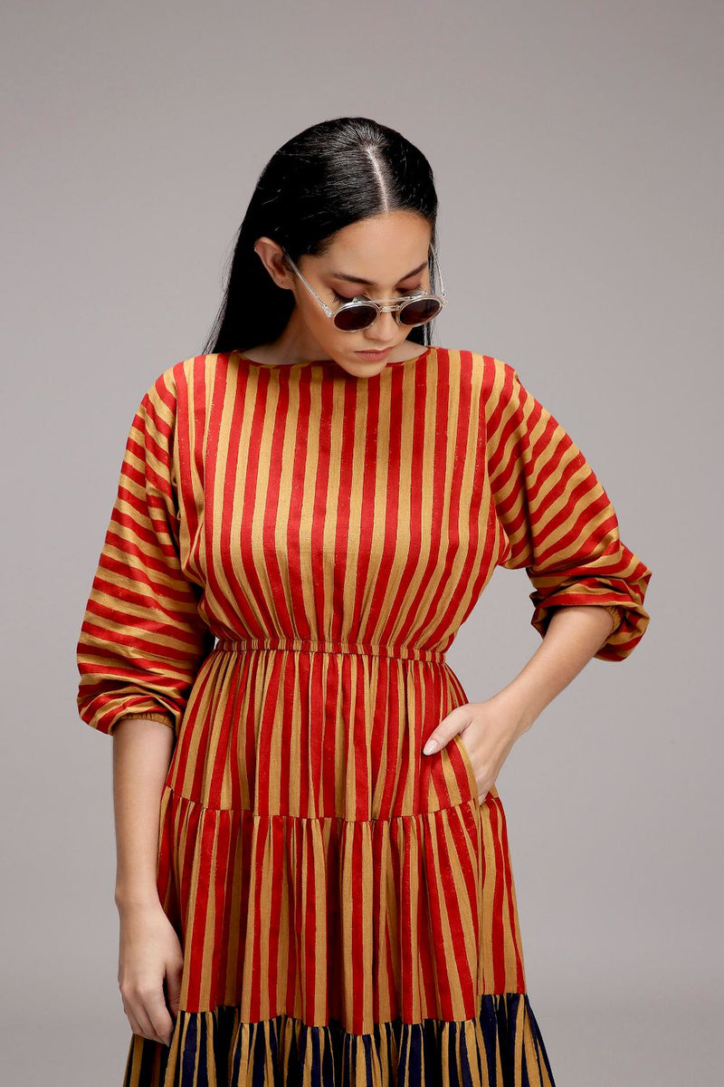 Tan-Brown Red & Blue Striped Tiered Dress cotton by Mati in brown color for women in Singapore