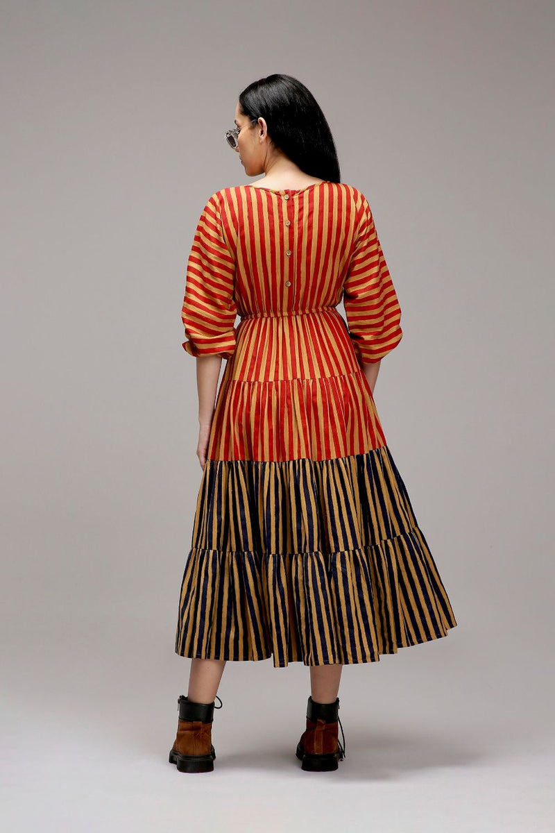 Tan-Brown Red & Blue Striped Tiered Dress cotton by Mati in brown color for women in Singapore